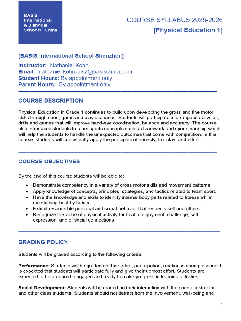 Grade 1 Physical Education Syllabus 2025-26 | PDF | Physical Education ...