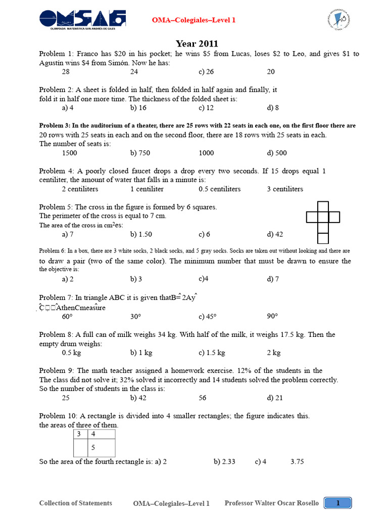 OMA Colegiales Level 1 Math Problems | PDF | Area | Length