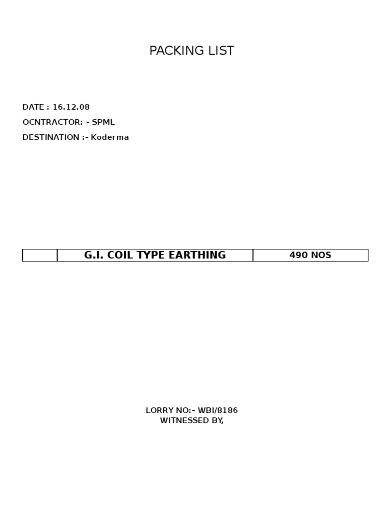 Packing List: G.I. Coil Type Earthing | PDF