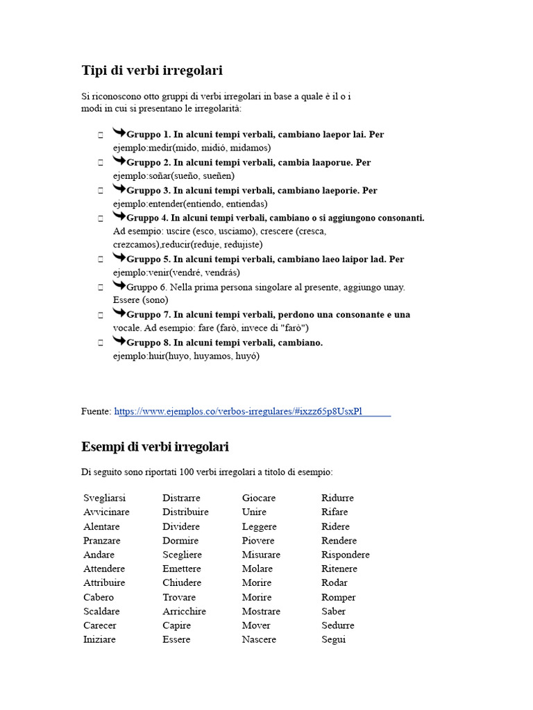 Tipi Di Verbi Irregolari | PDF