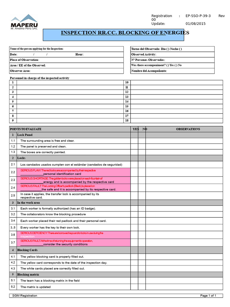 Energy Lockout Inspection Format EP-SSO-P-39-3 | PDF