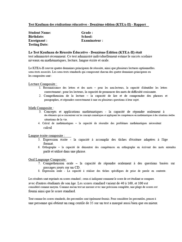 Rapport sur le Test KTEA-II des élèves | PDF | Mathématiques | Cognition