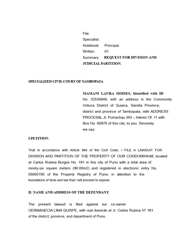 Request for Property Partition Lawsuit | PDF | Lawsuit | Common Law