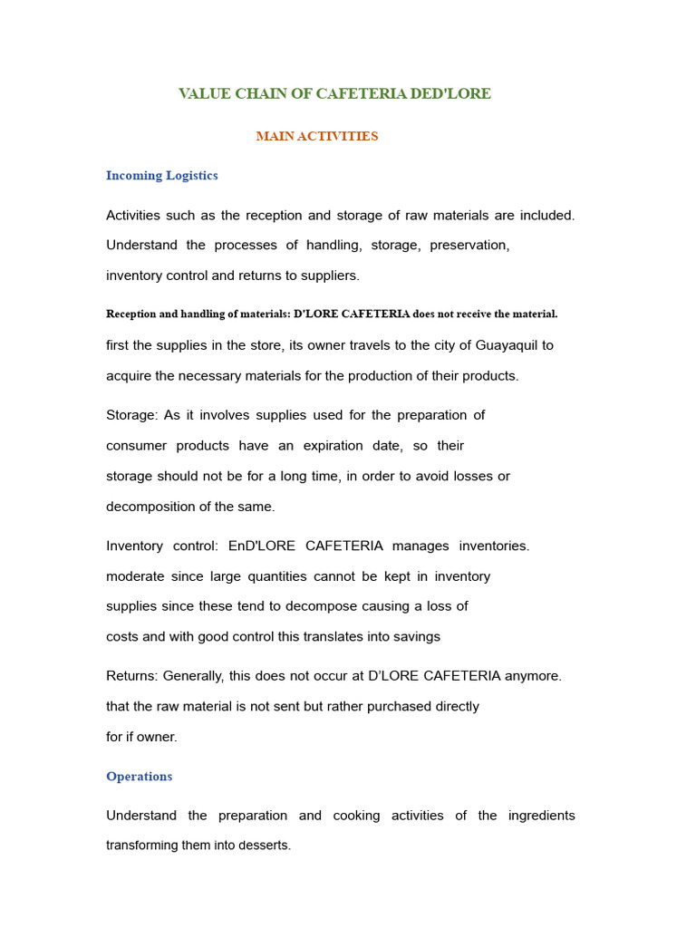 Cafeteria D'LORE Value Chain Analysis | PDF | Inventory | Logistics