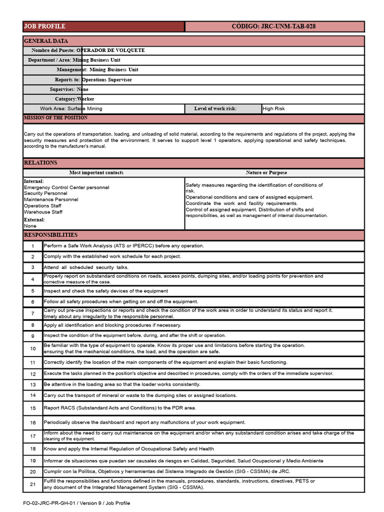 Dump Truck Operator Job Profile | PDF | Safety | Truck