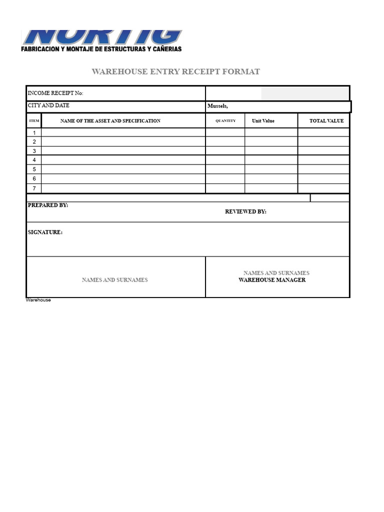 Warehouse Entry Receipt Template | PDF