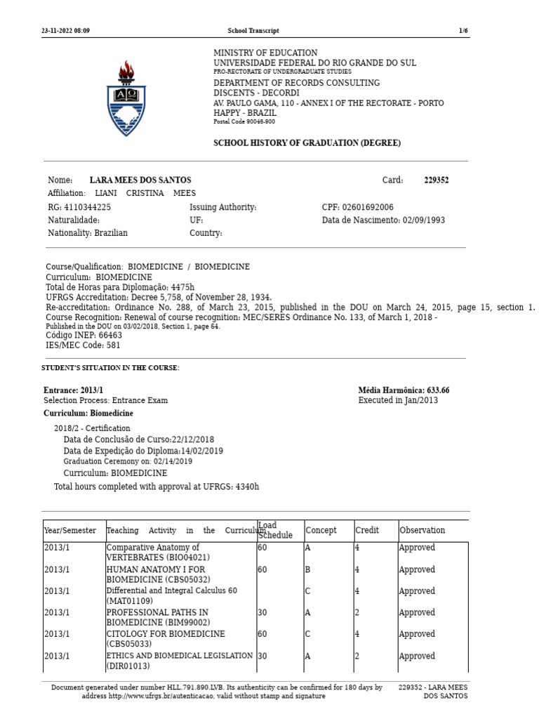 UFRGS Biomedicine Transcript for Lara Mees | PDF | Life Sciences | Biology