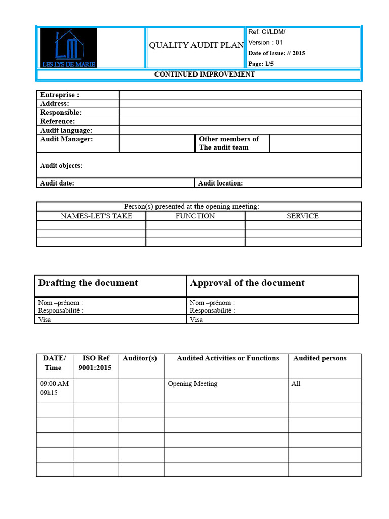Quality Audit Plan ISO 9001:2015 | PDF | Audit | Quality Management System
