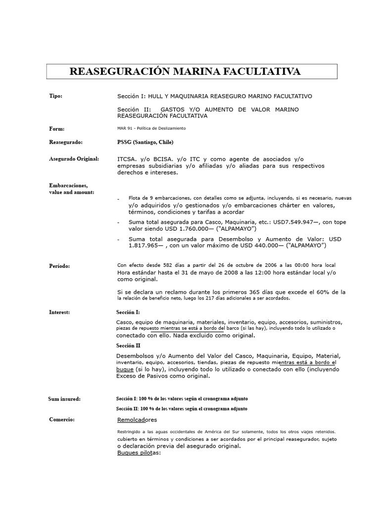 Reaseguro Marino Facultativo Detallado | PDF | Póliza de seguros | Seguro