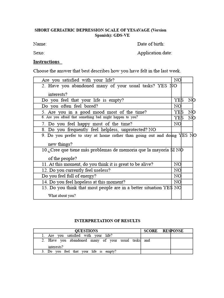 Geriatric Depression Scale - Yesavage Short Version | PDF | Major ...