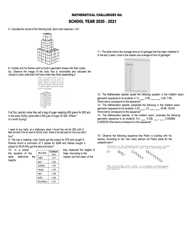6th Grade Math Challenges 2020-2021 | PDF | Area | Volume