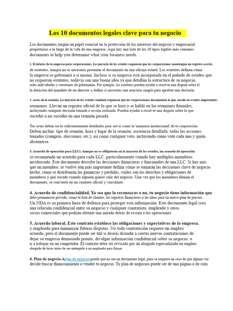 Los 10 Documentos Legales Clave para Un Negocio | PDF | Acuerdo de no ...