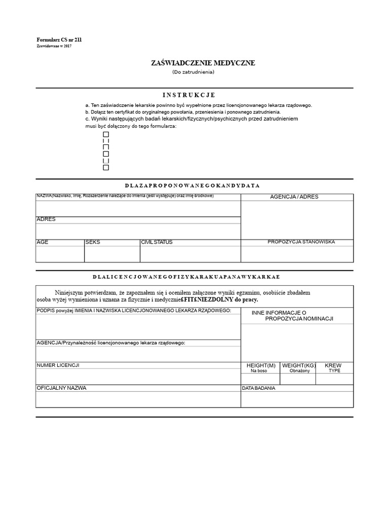 CS Form No. 211 Zaświadczenie Lekarskie | PDF