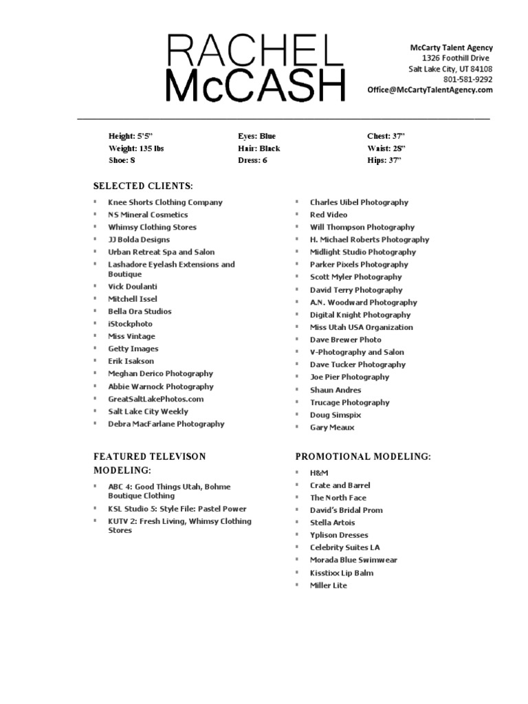 McCarty Talent Agency Model Profile | PDF | Imaging | Human Appearance