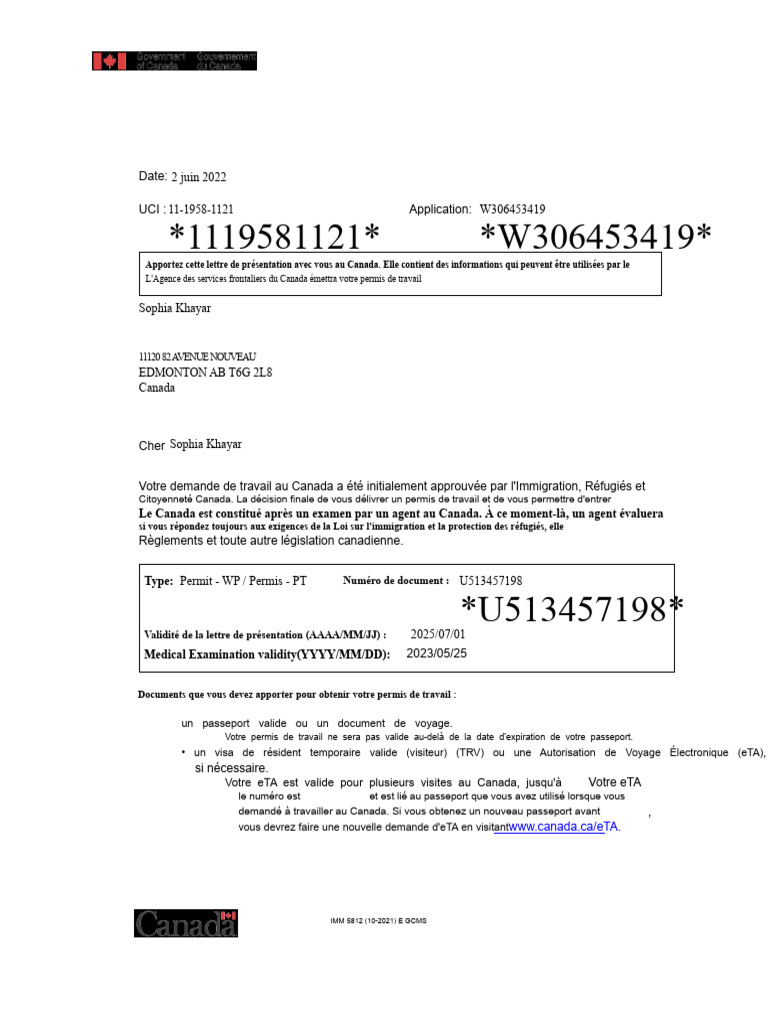 Lettre d'approbation de permis de travail Canada | PDF | Gouvernement ...