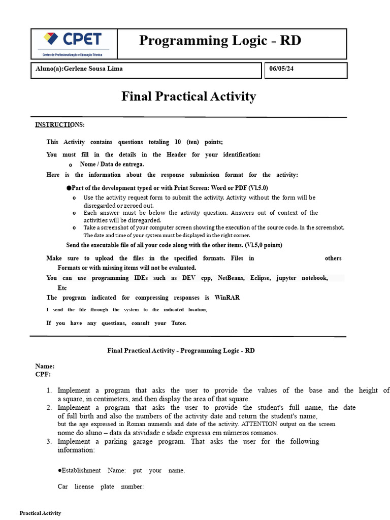 Final Practical Activity: Programming Logic | PDF | Computer ...
