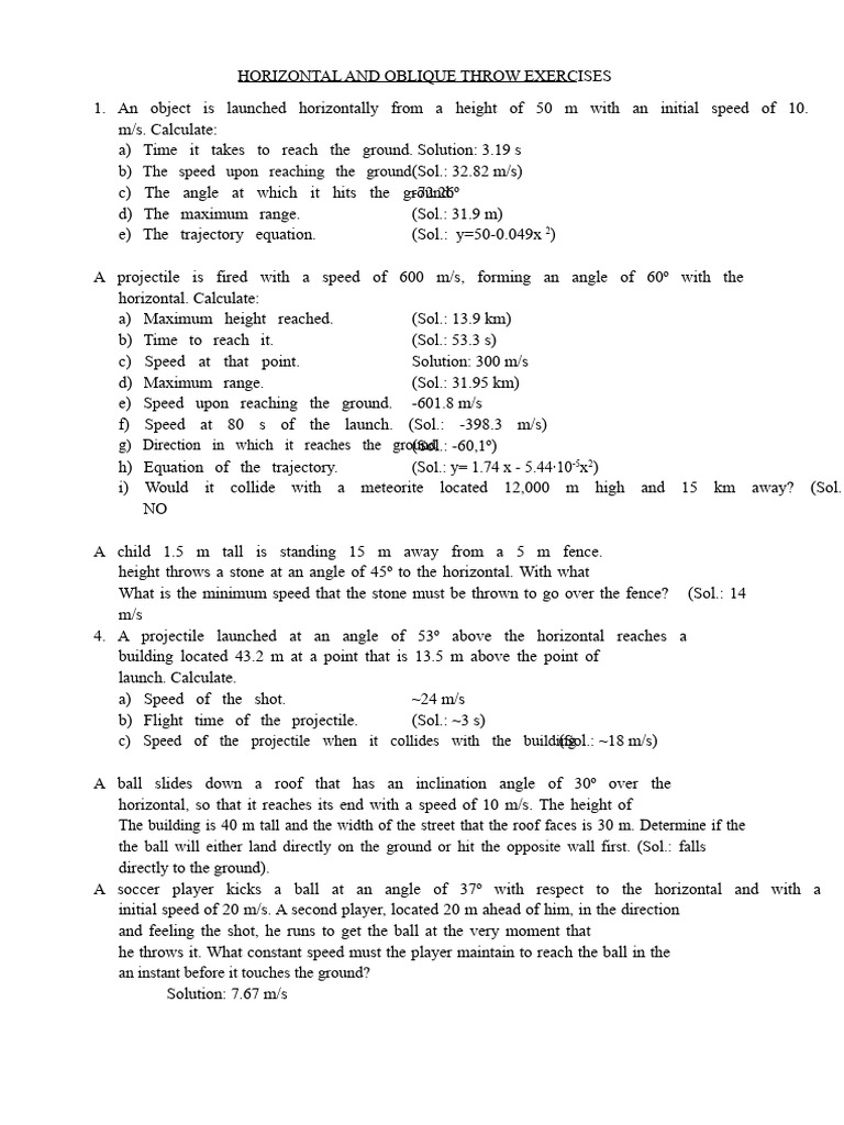 Horizontal and Oblique Throw Calculations | PDF | Mechanics | Motion ...