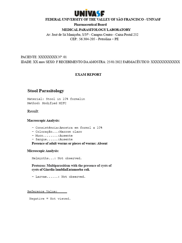 Stool Parasitology Exam Report UNIVASF | PDF