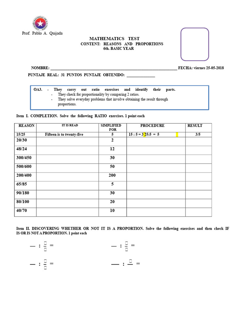 Test Reasons and Proportions 6th Grade | PDF | Ratio | Mathematics