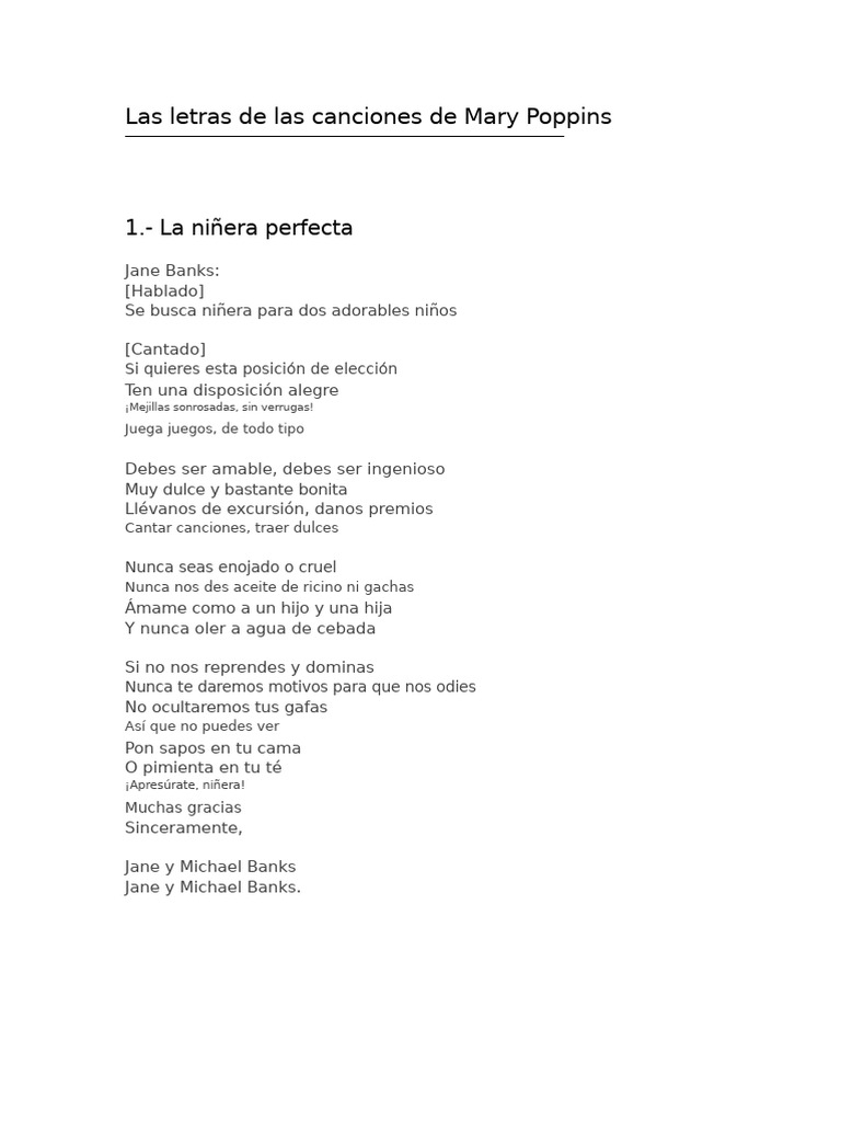 Letras de Canciones de Mary Poppins | PDF