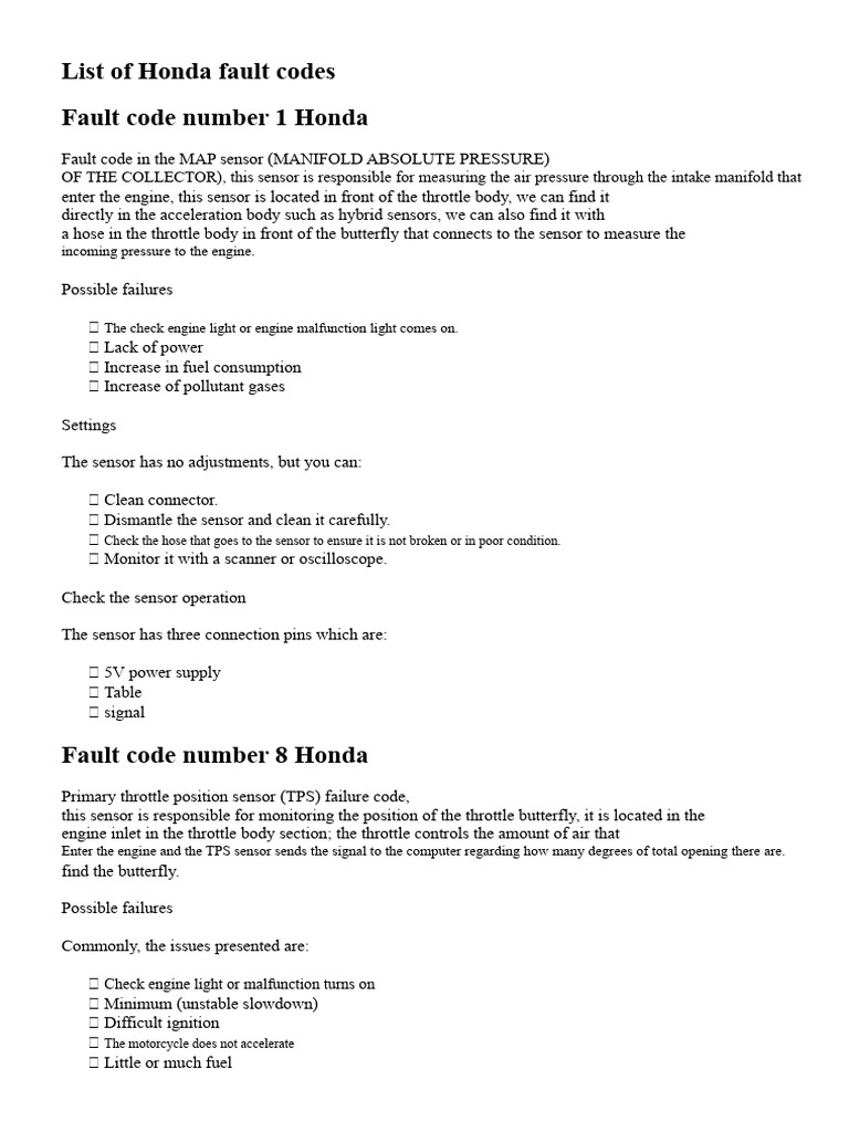 Honda Fault Codes and Solutions Guide | PDF | Throttle | Anti Lock ...