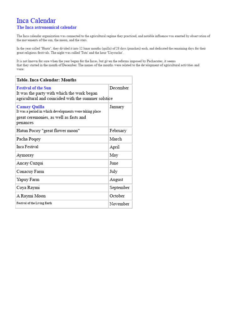 Inca Astronomical Calendar Overview | PDF