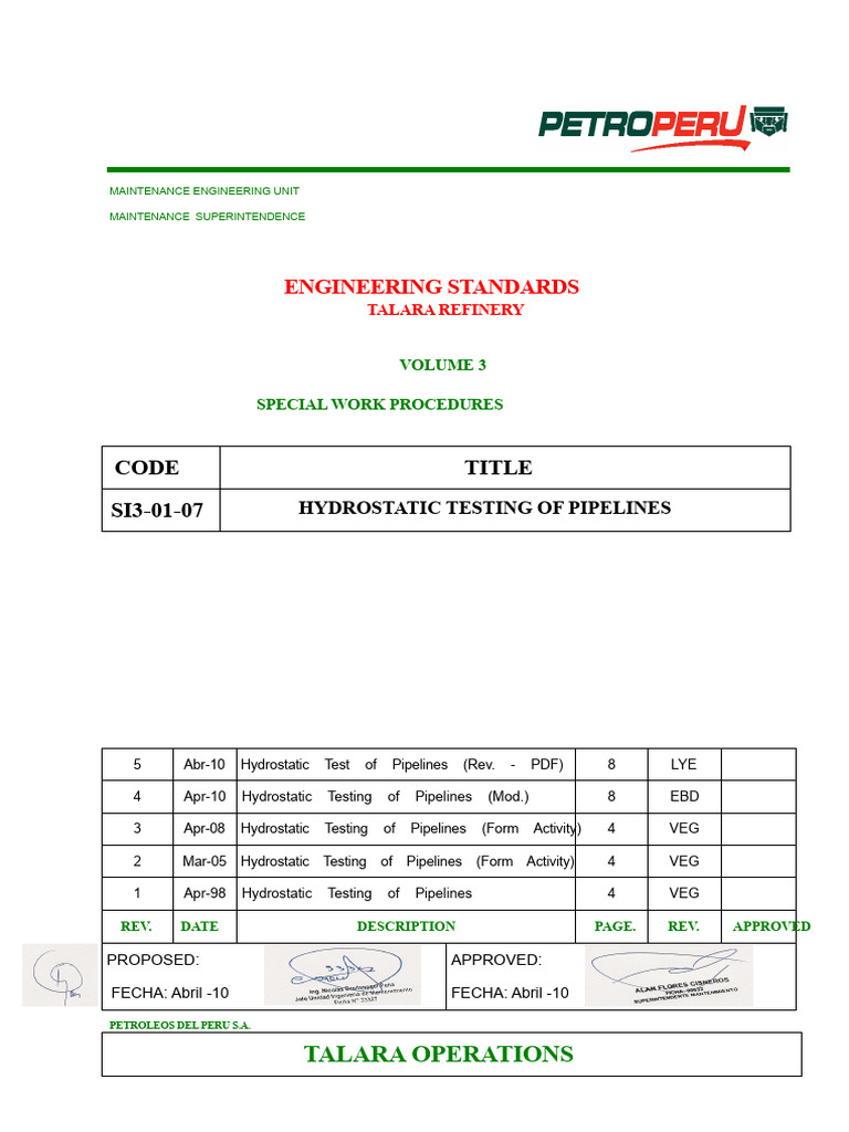 Hydrostatic Testing Procedures for Pipelines | PDF | Calibration | Pressure