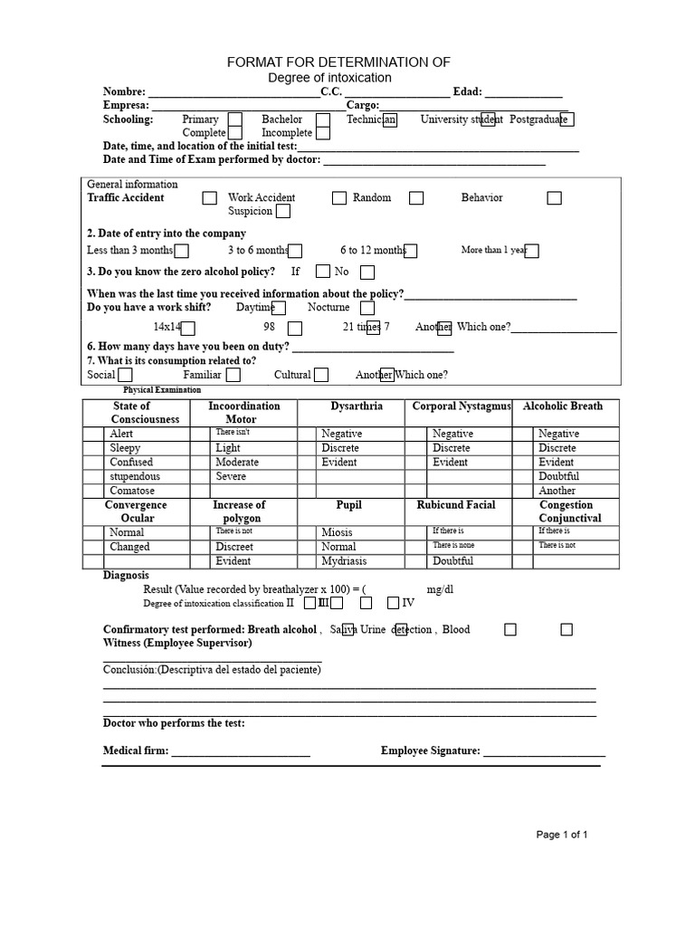 Format For Determining The Degree of Intoxication | PDF | Alcohol ...