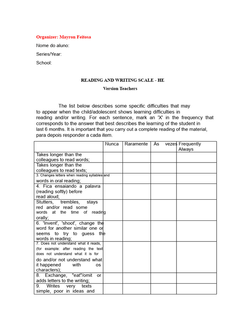Reading and Writing Difficulty Assessment | PDF | Literacy | Human ...