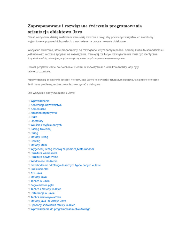 Proponowane I Rozwiązane Ćwiczenia Z Programowania Obiektowego W Java | PDF