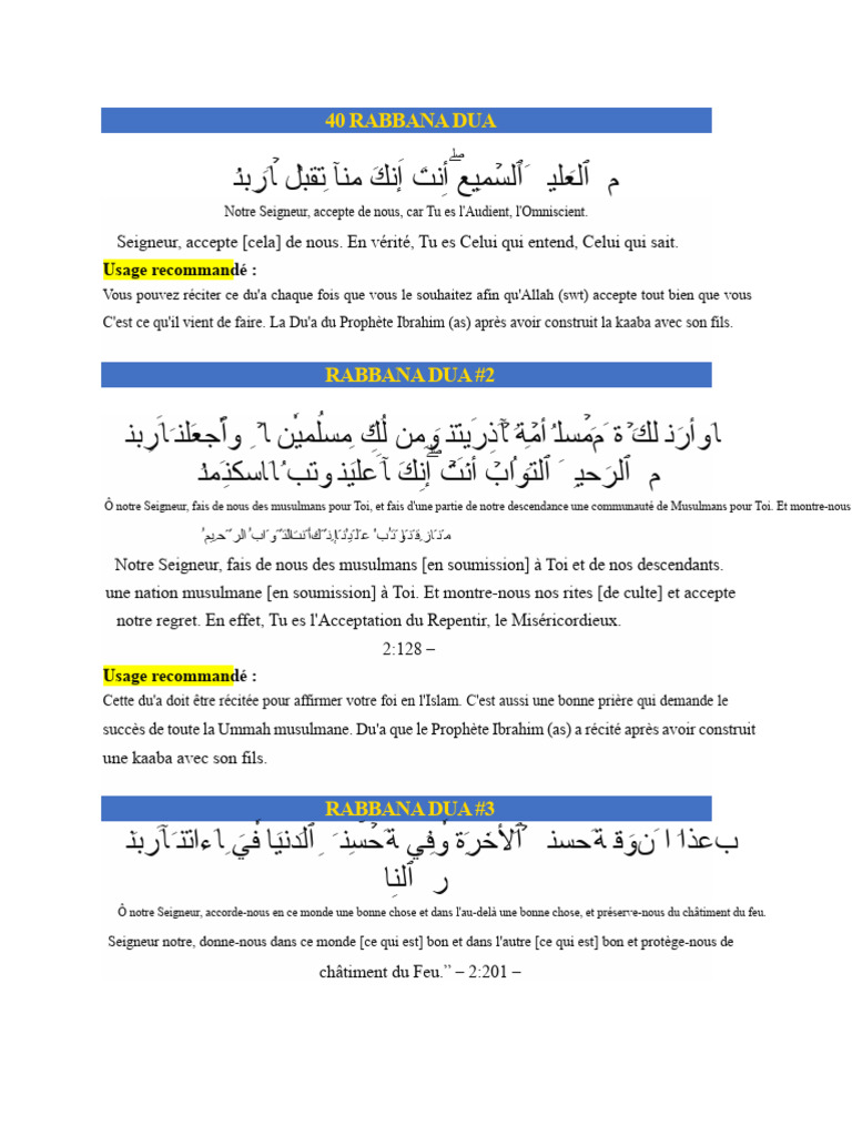 40 Duas Rabbana pour la prière | PDF | Allah | Prière