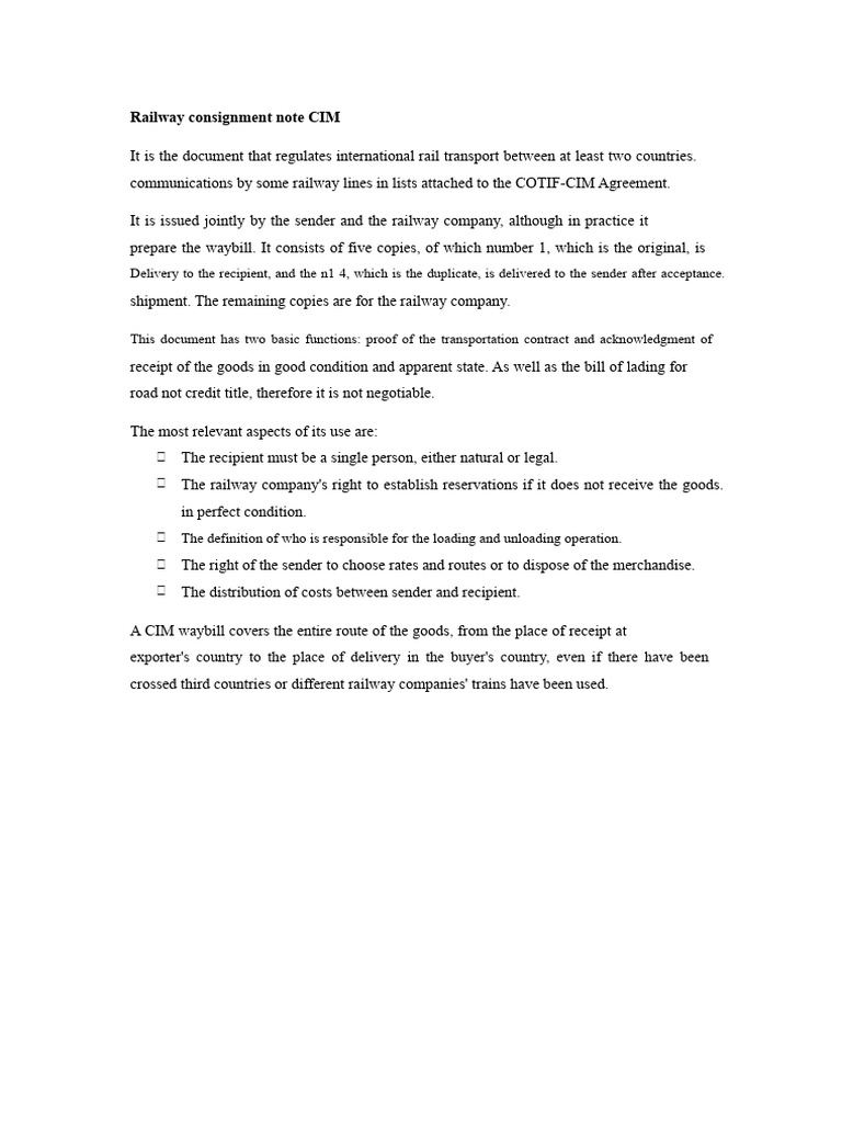 Railway Consignment Note CIM | PDF