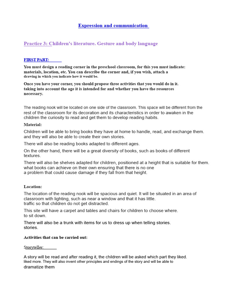 Preschool Reading Corner & Expression Activities | PDF | Classroom