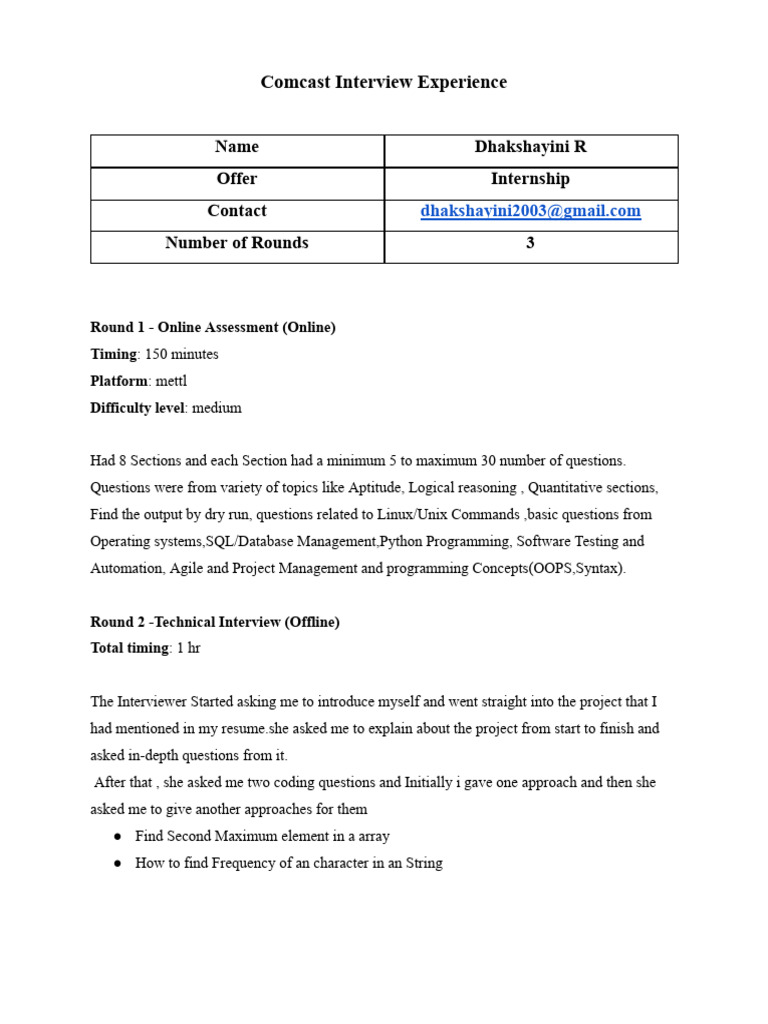 Comcast Internship Interview Process | PDF | Data Structure | Computing