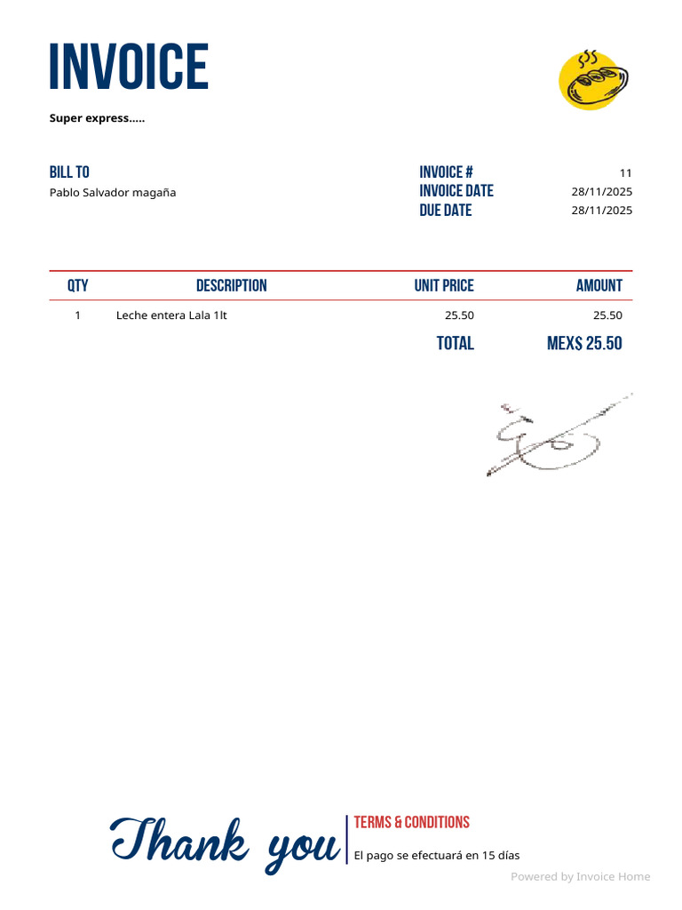 Invoice for Leche Entera Lala 1lt | PDF