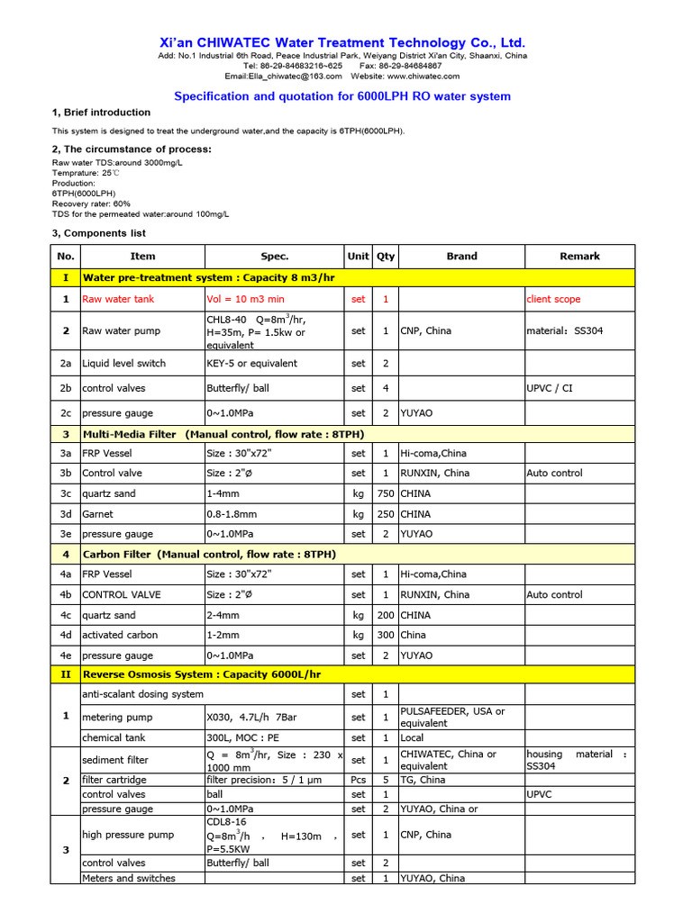6000LPH RO Water Treatment System Specs | PDF | Membrane | Chemical ...