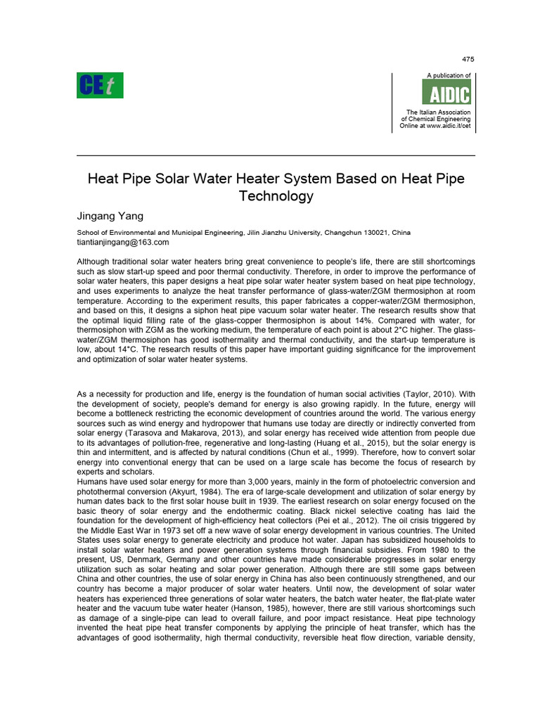 Heat Pipe Solar Water Heater System Based On Heat Pipe Technology | PDF ...
