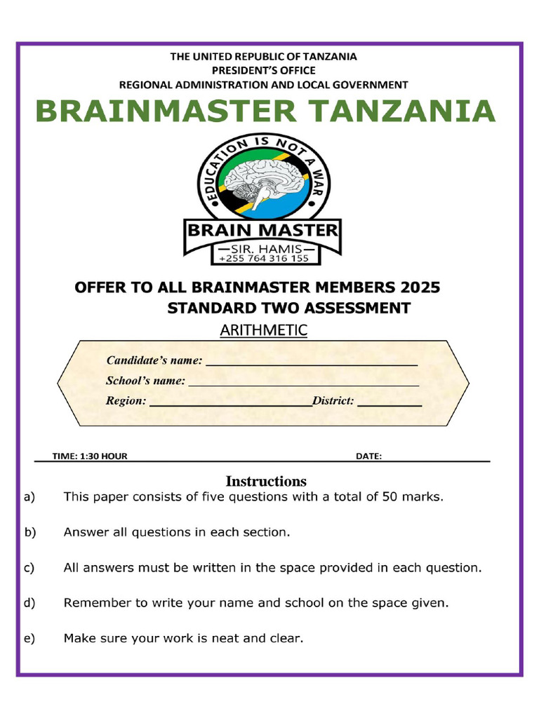 Brainmaster Tanzania GRD 2 Arithmetic | PDF