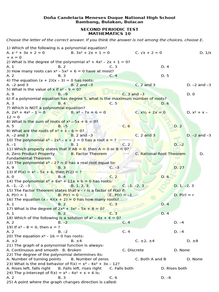 Mathematics 10 Periodic Test Questions | PDF | Zero Of A Function ...