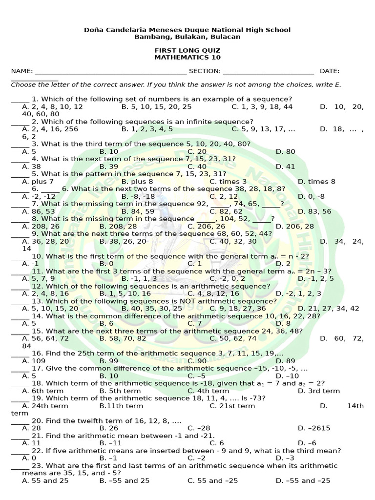Math 10 Long Quiz on Sequences | PDF | Mathematical Objects | Arithmetic