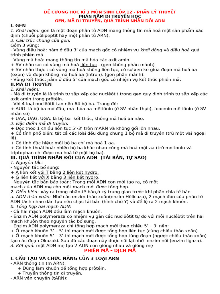 On Tap Kiem Tra HK 1 Sinh Hoc 12 Ly Thuyet | PDF