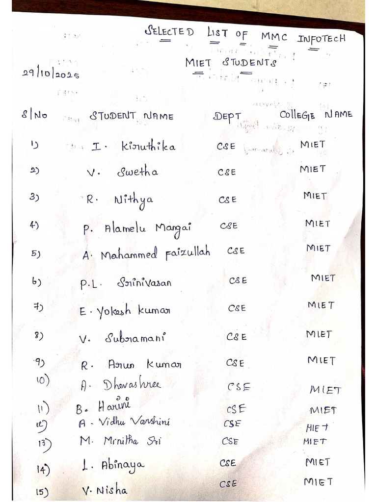Short Listed Students MMC Infotech | PDF