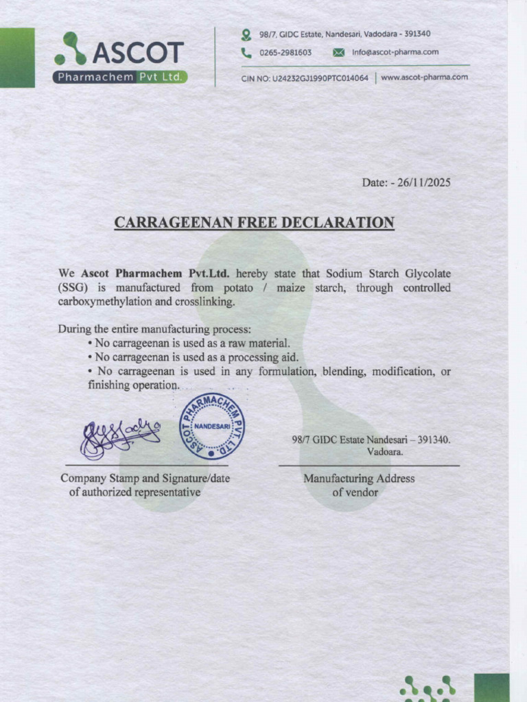SSG - Carrageenan Free Declaration 26 11 25 | PDF