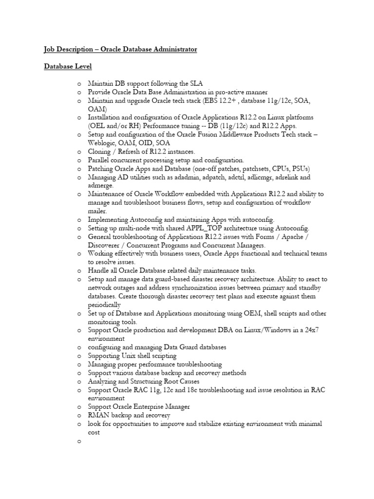Oracle Database Administrator Job Description | PDF | Databases ...