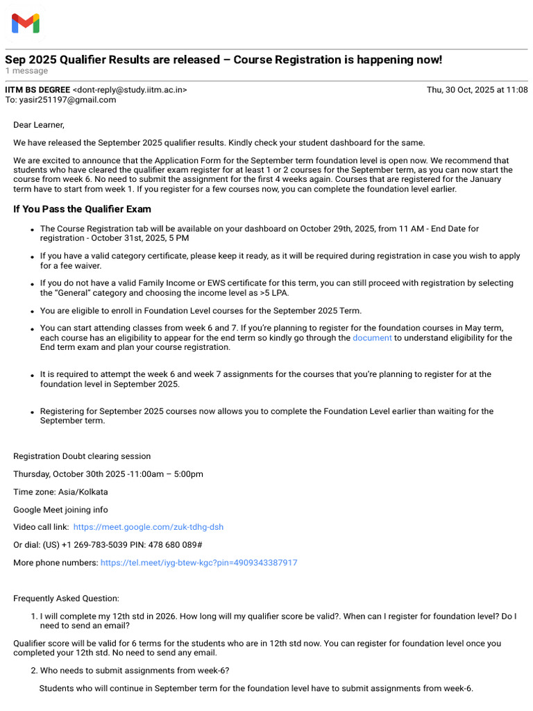 Gmail - Sep 2025 Qualifier Results Are Released - Course Registration ...