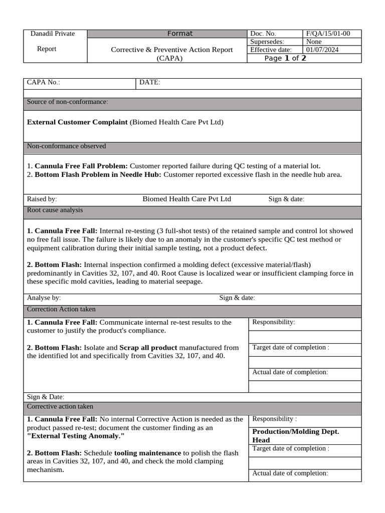 CAPA Report for Biomed Health Care Issues | PDF | Quality