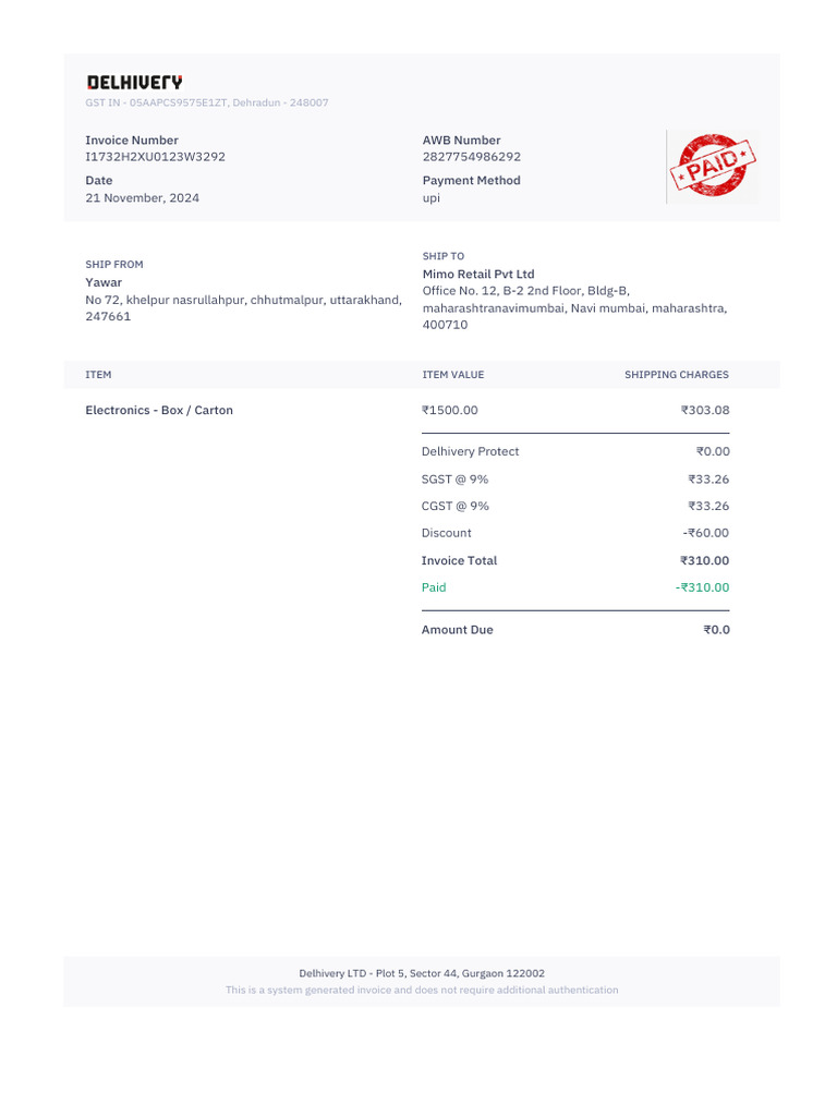 'PackageInvoice T1732H2XU0123W3292 | PDF