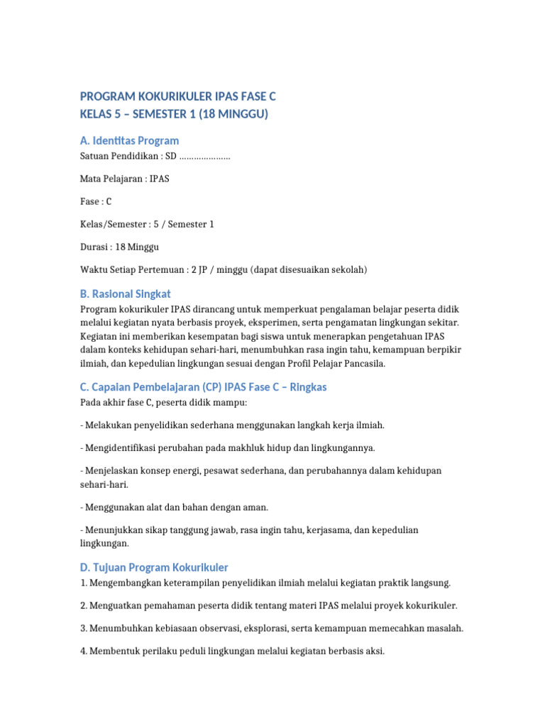 Program Kokurikuler IPAS Kelas 5 Semester 1 | PDF
