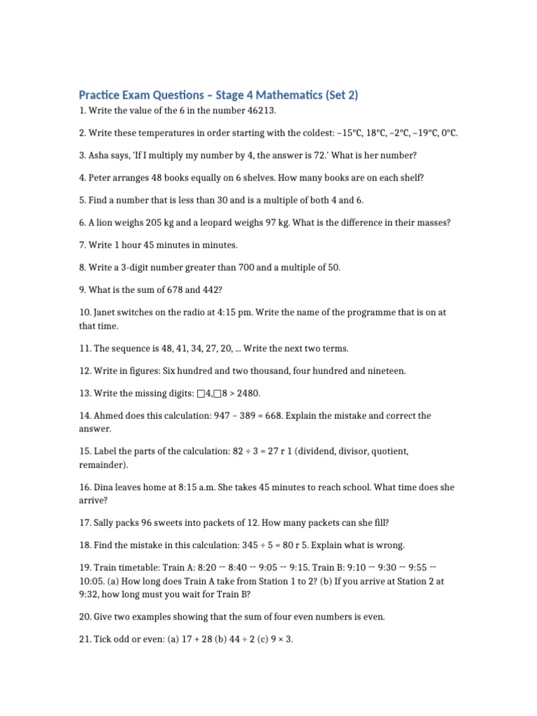 Stage 4 Math Practice Exam Questions | PDF