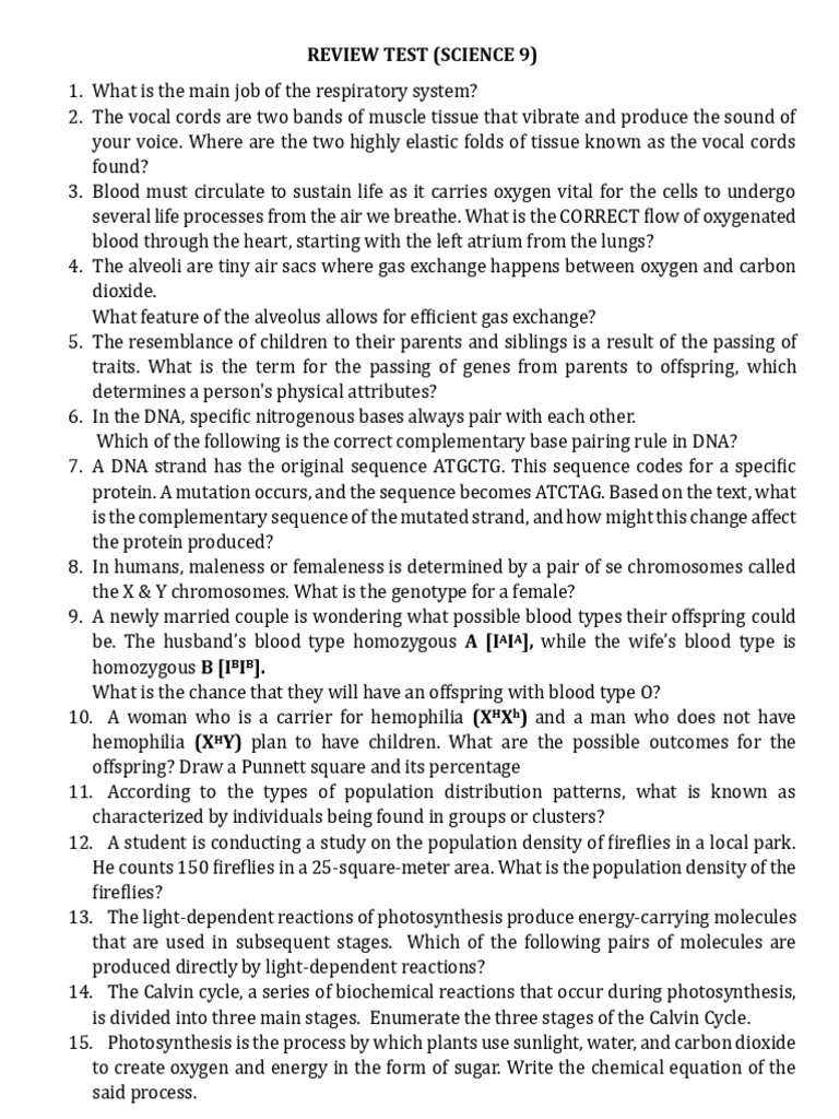 Science 9 Review Test Questions | PDF | Photosynthesis | Respiratory System